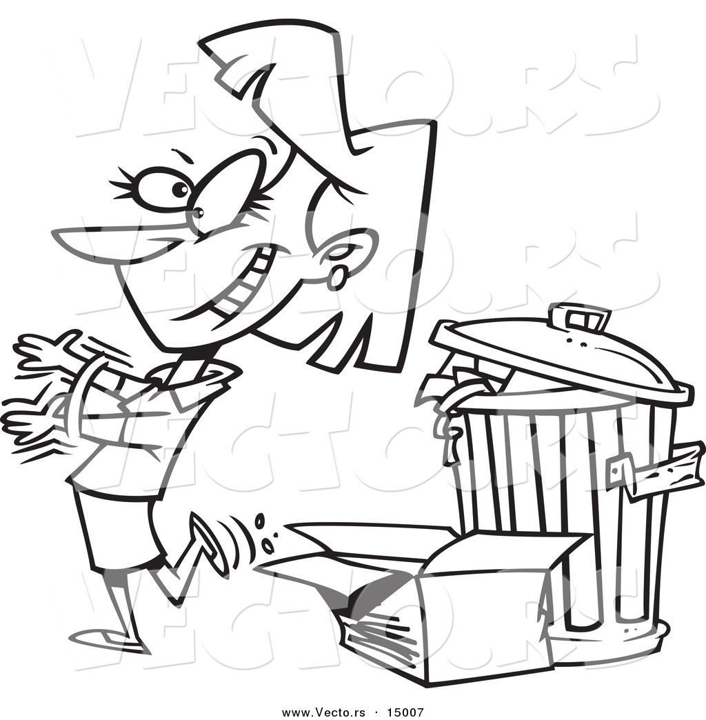 R of a cartoon woman tossing old trash