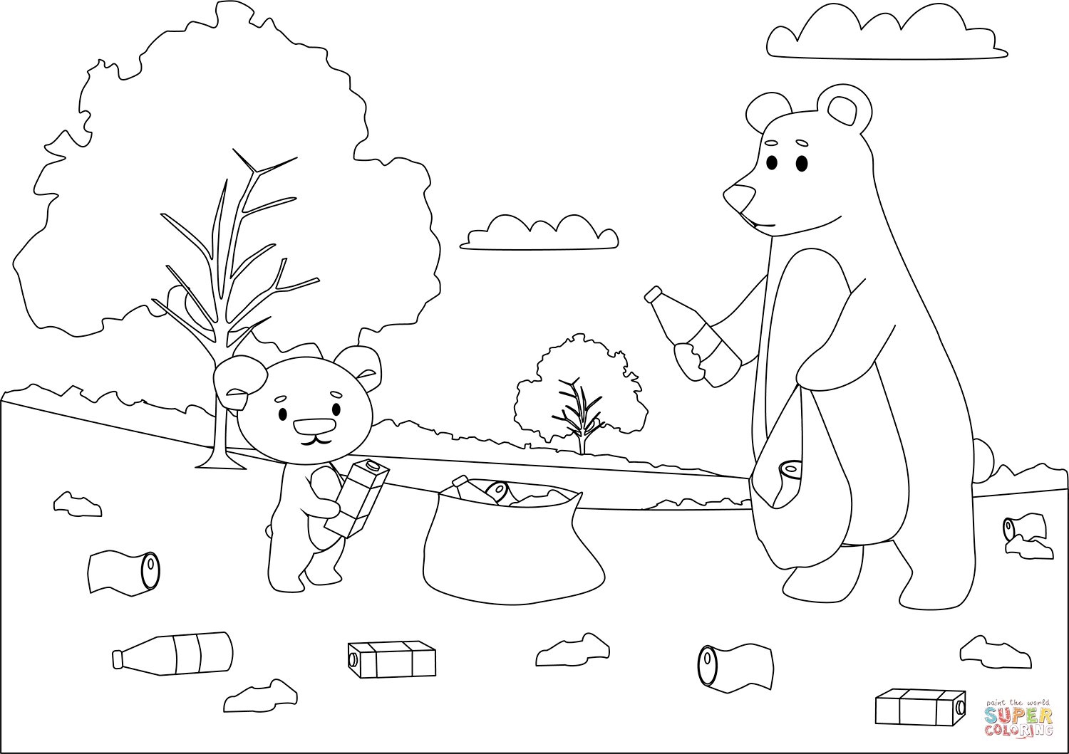 Bears picking up the trash coloring page free printable coloring pages