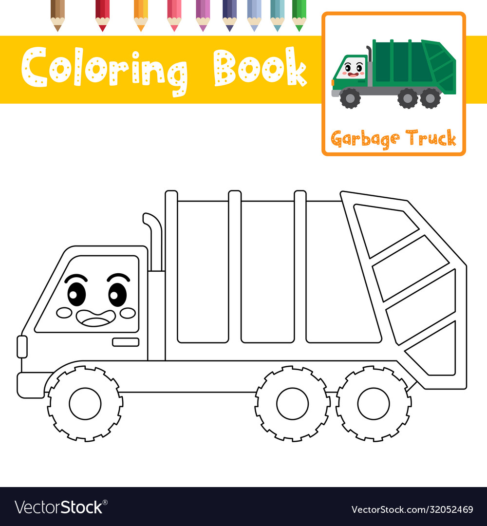 Coloring page garbage truck cartoon character vector image