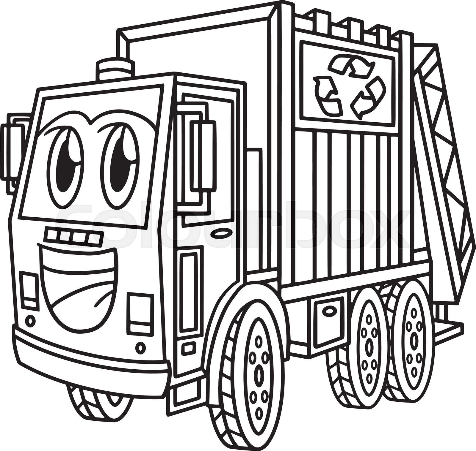 Garbage truck with face vehicle coloring page stock vector