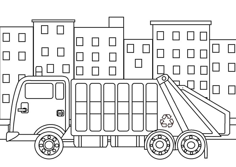 Trash truck in the city coloring page