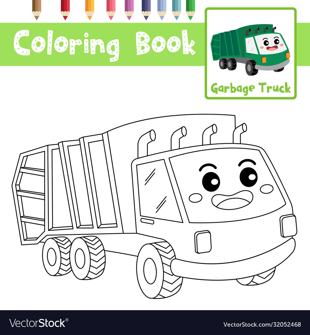 Coloring page garbage truck cartoon character vector image