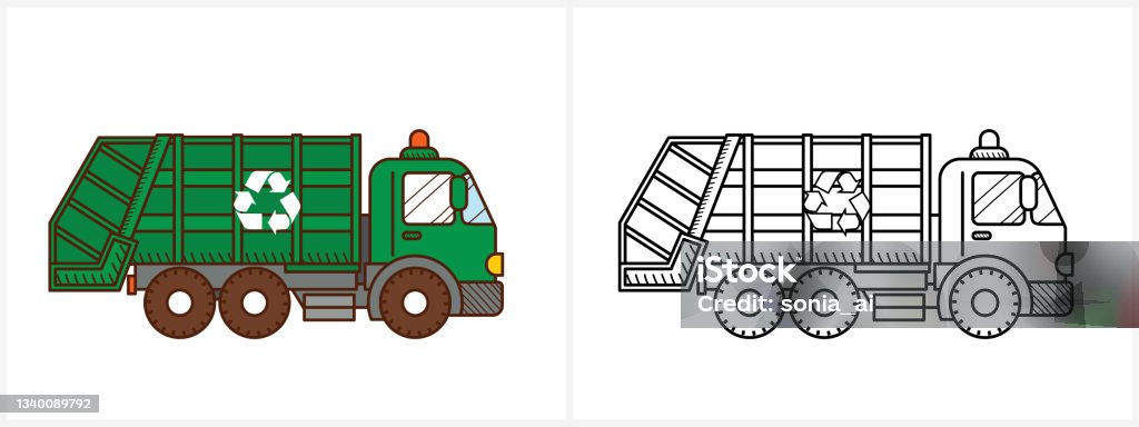 Garbage truck coloring page garbage truck side view stock illustration