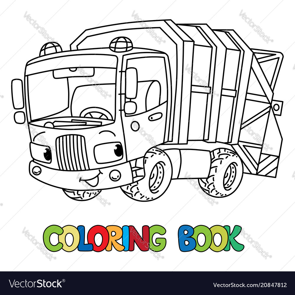 Funny garbage truck car with eyes coloring book vector image