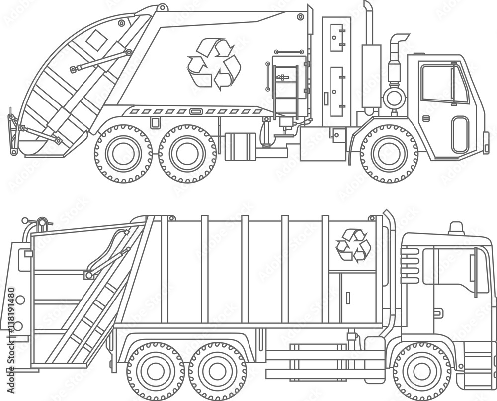 Coloring pages set of different kind garbage trucks flat linear icons isolated on white background vector illustration vector