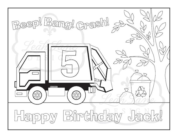 Garbage truck recycle truck kids birthday party personalized printable coloring sheet coloring page party favor printable party game