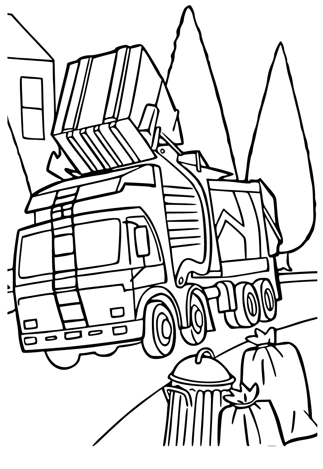 Free printable garbage trash truck street coloring page for adults and kids