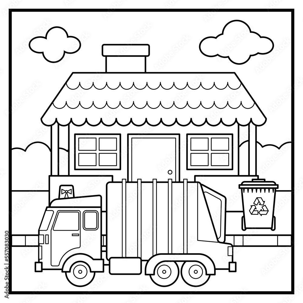 Coloring page of garbage truck vector