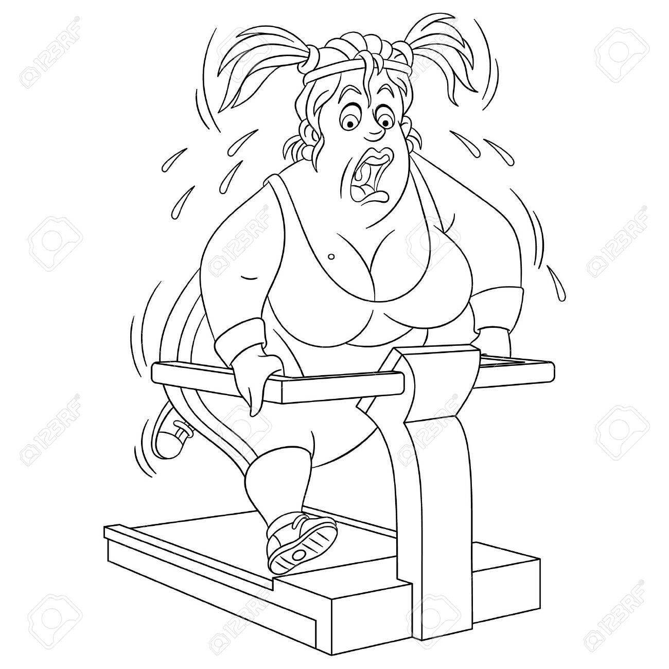 Coloring page coloring picture of cartoon woman running on treadmill in a gym childish design for kids activity colouring book about people professions royalty free svg cliparts vectors and stock illustration image