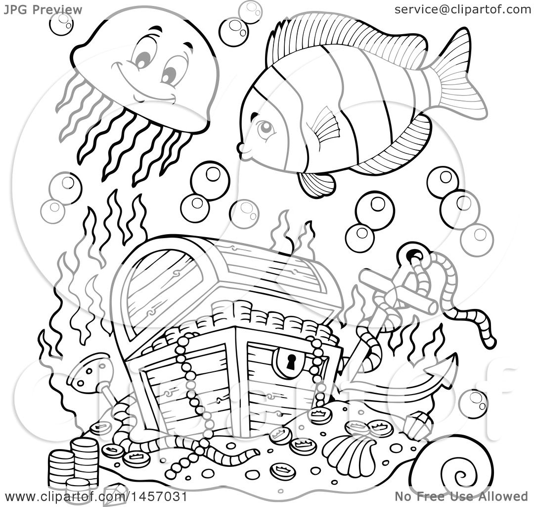 Clipart of a black and white sunken treasure chest and fish