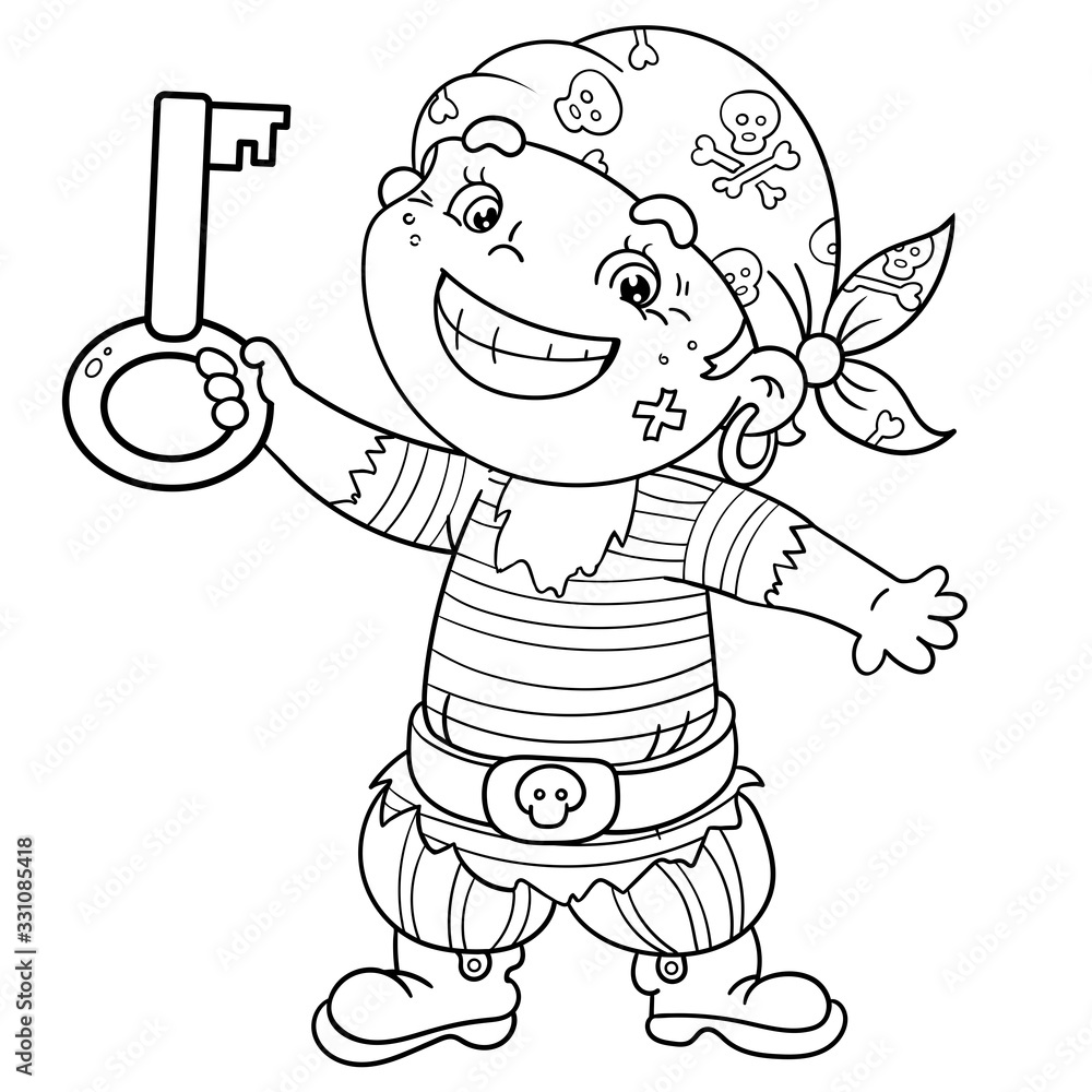 Coloring page outline of cartoon pirate with key of treasure chest coloring book for kids vector