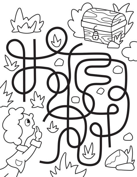 Labyrinth to treasure chest coloring page puzzled boy maze scene for colouring detailed coloring sheet for preschool kids kids birthday party activity book stock illustration