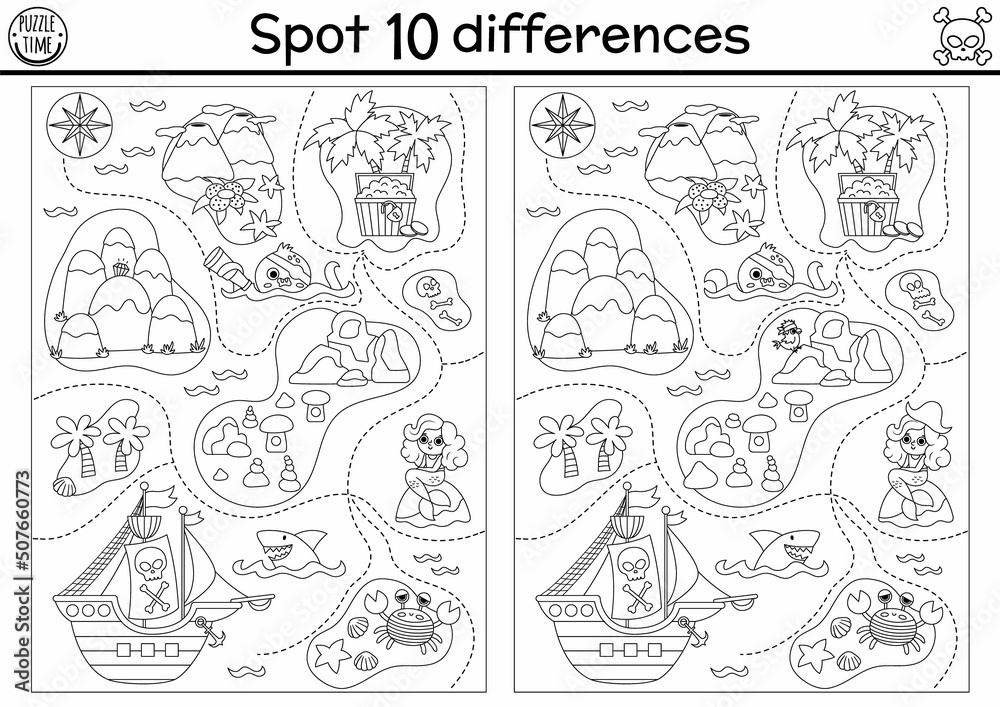 Black and white find differences game for children sea adventures line educational activity with cute pirate ship treasure island map printable worksheet or coloring page with treasure chest vector