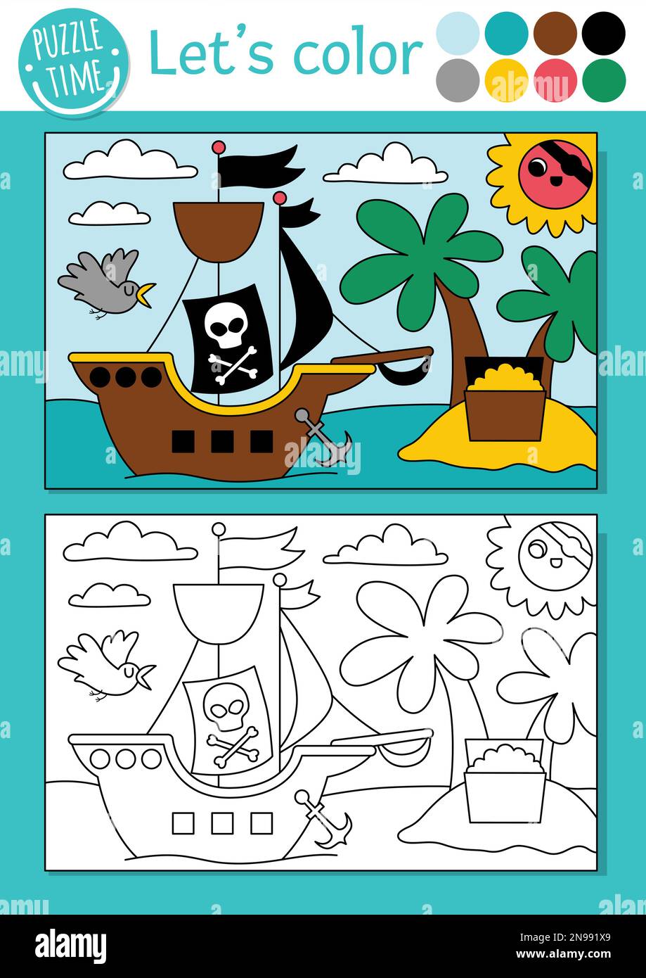 Pirate coloring page for children with palm trees treasure chest pirate ship vector treasure island outline illustration color book for kids with stock vector image art