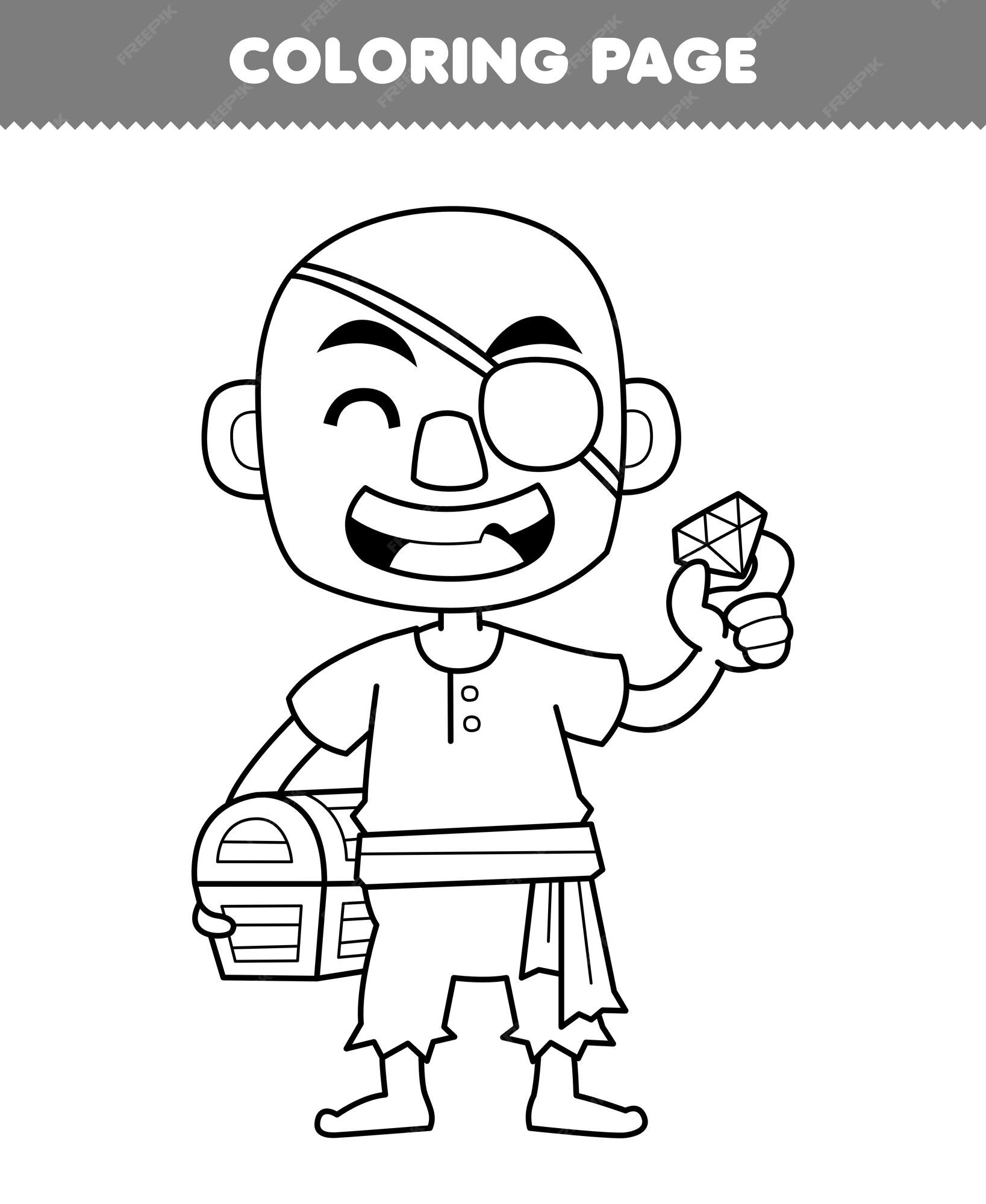 Premium vector education game for children coloring page of cute cartoon bald man holding treasure chest line art printable pirate worksheet