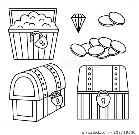 Treasure black and white chest icon set pirate