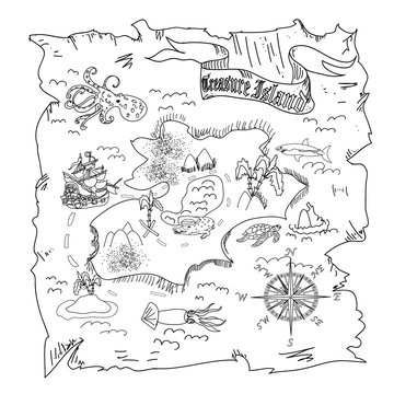 Treasure island map kids coloring page illustration