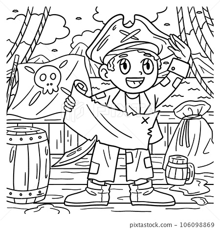 Pirate with treasure map coloring page for kids