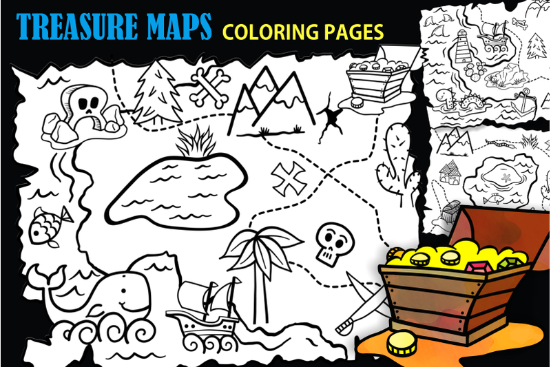 Treasure map kids adventure activity coloring pages by prawny