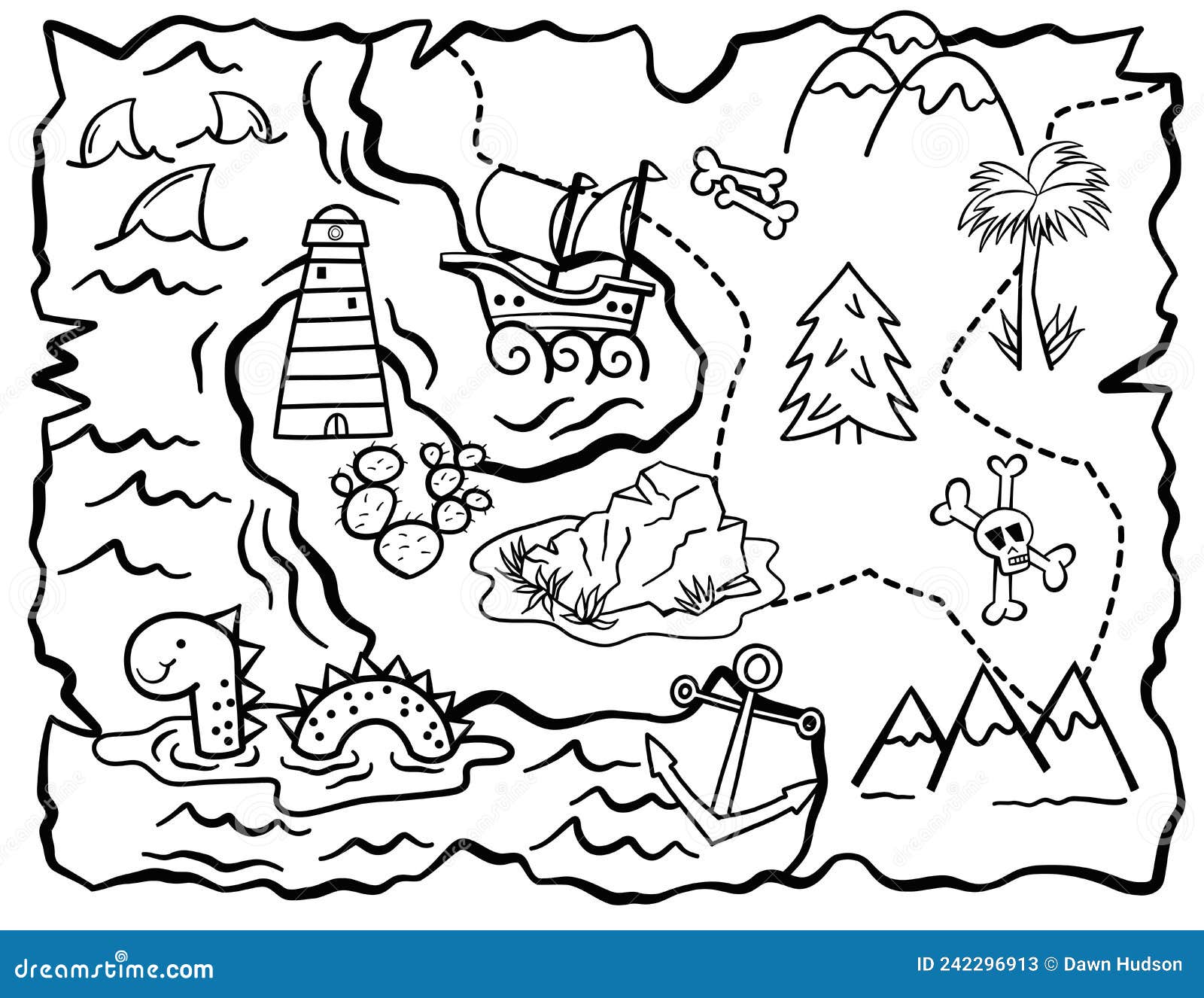 Treasure map kids adventure coloring page stock vector