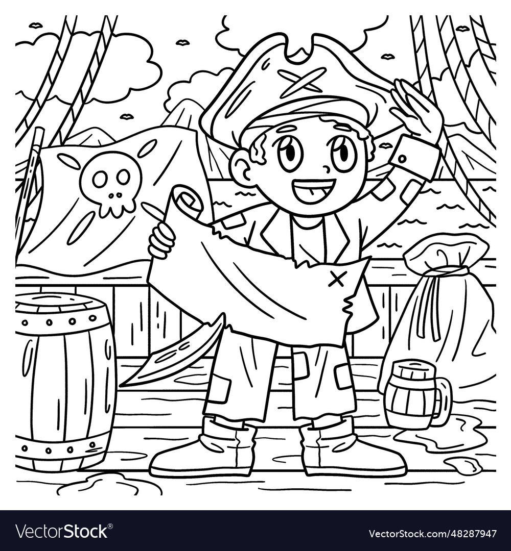 Pirate with treasure map coloring page for kids vector image