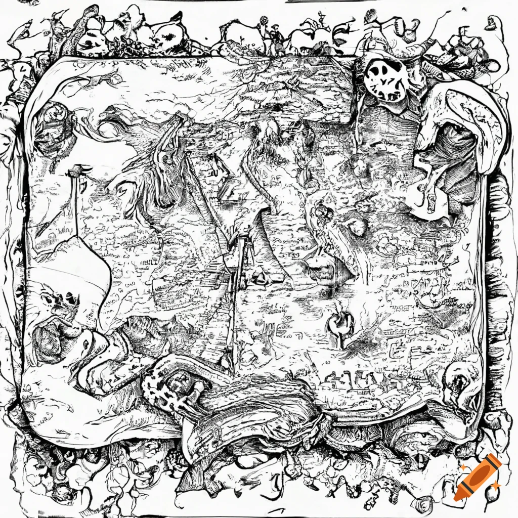 Black and white pirate treasure map with riberabaja on