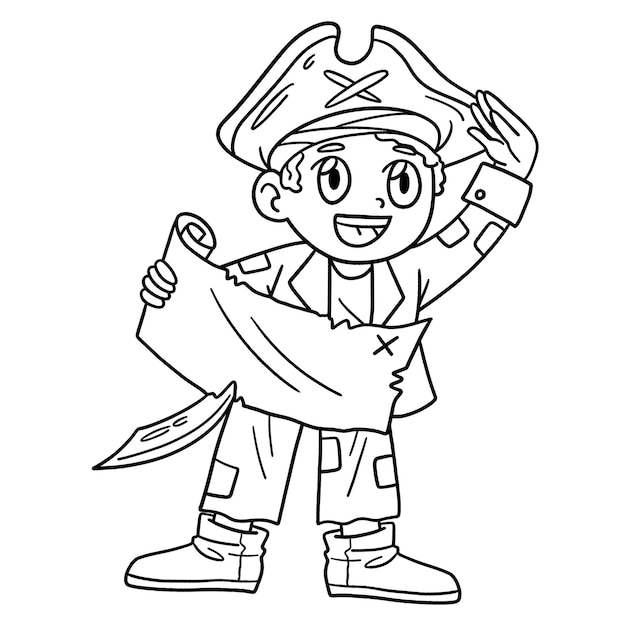 Premium vector a cute and funny coloring page of a pirate with a treasure map provides hours of coloring fun for children color this page is very easy suitable for little
