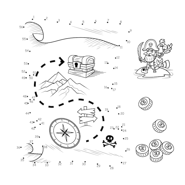 Premium vector point to point game draw a line treasure map for children worksheet coloring book