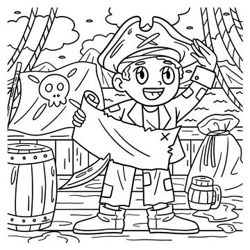 Pirate with treasure map coloring page for kids royalty free