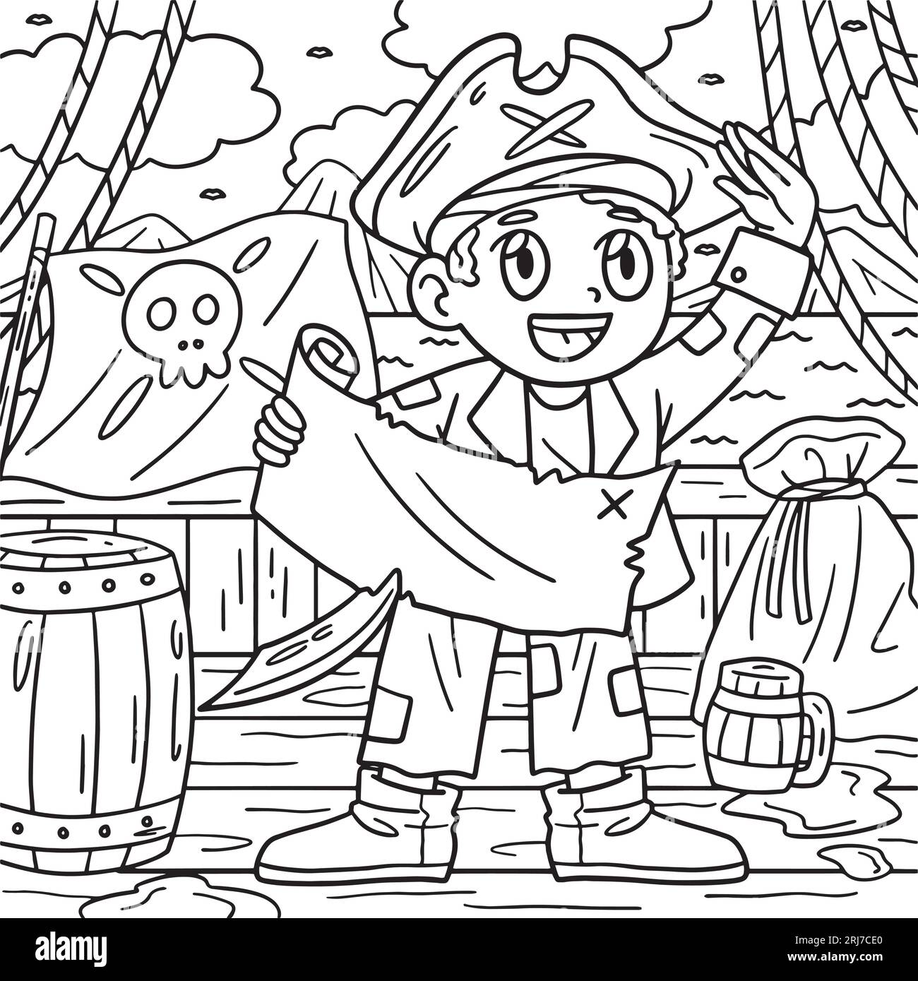 Pirate with treasure map coloring page for kids stock vector image art