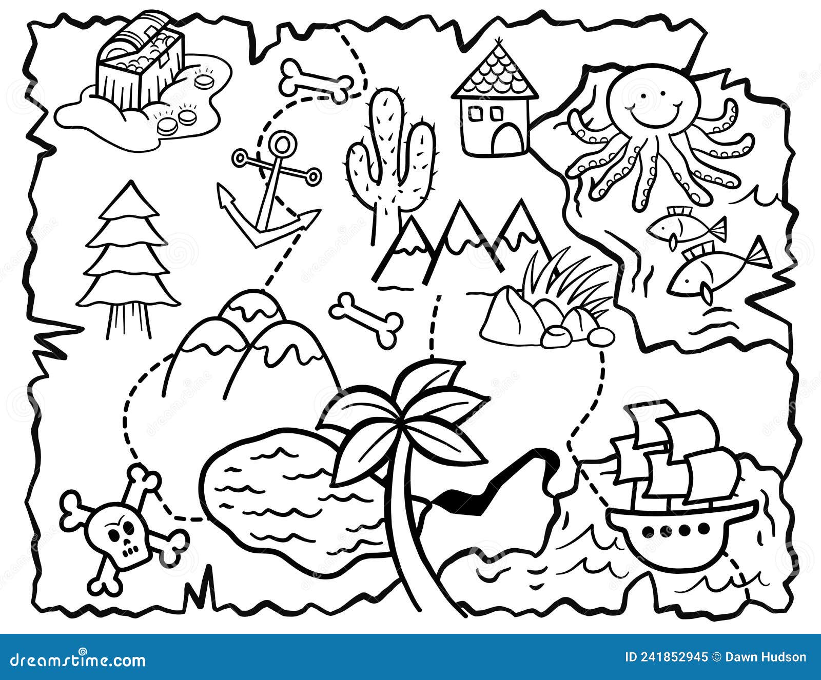 Cute kids doodle treasure map coloring page stock vector