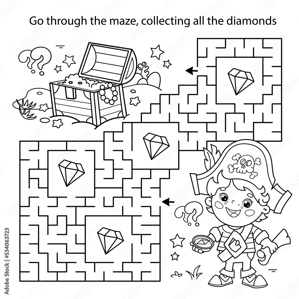 Maze or labyrinth game puzzle coloring page outline of cartoon little pirate with treasure chest coloring book for kids vector