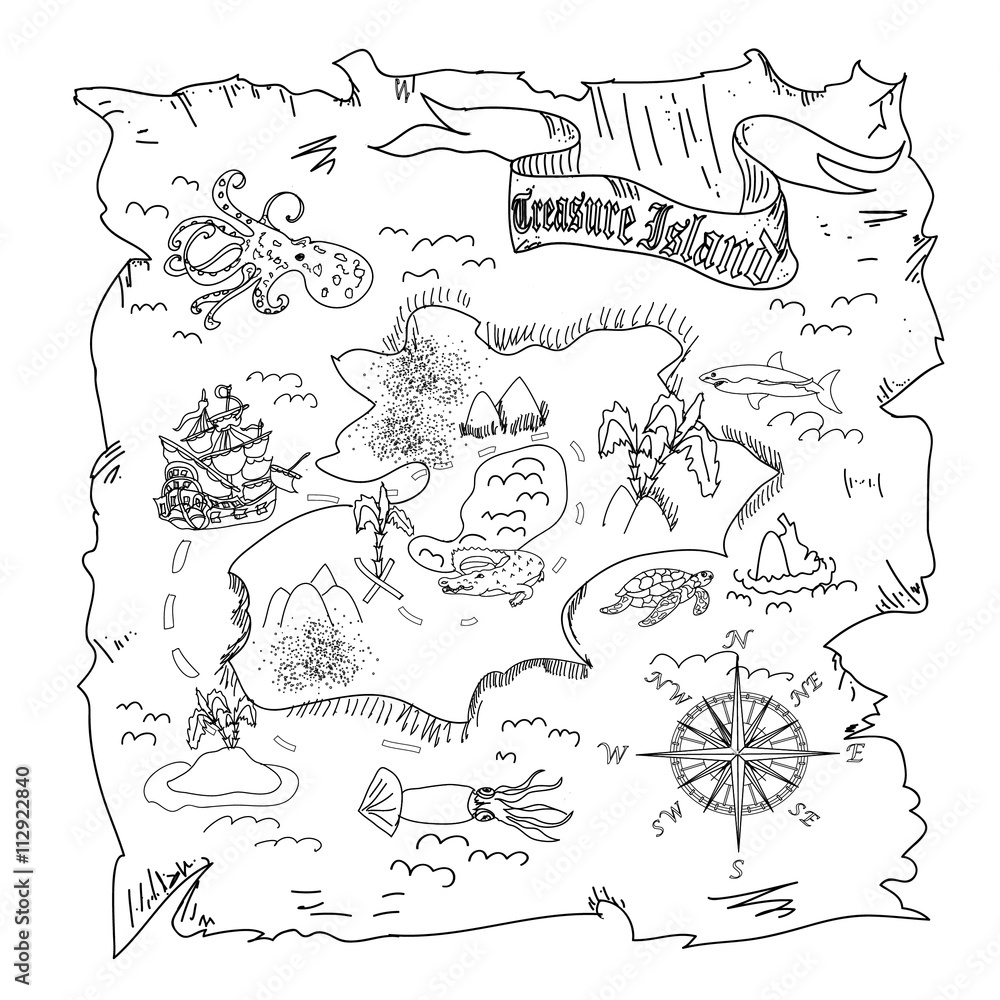 Treasure island map kids coloring page illustration