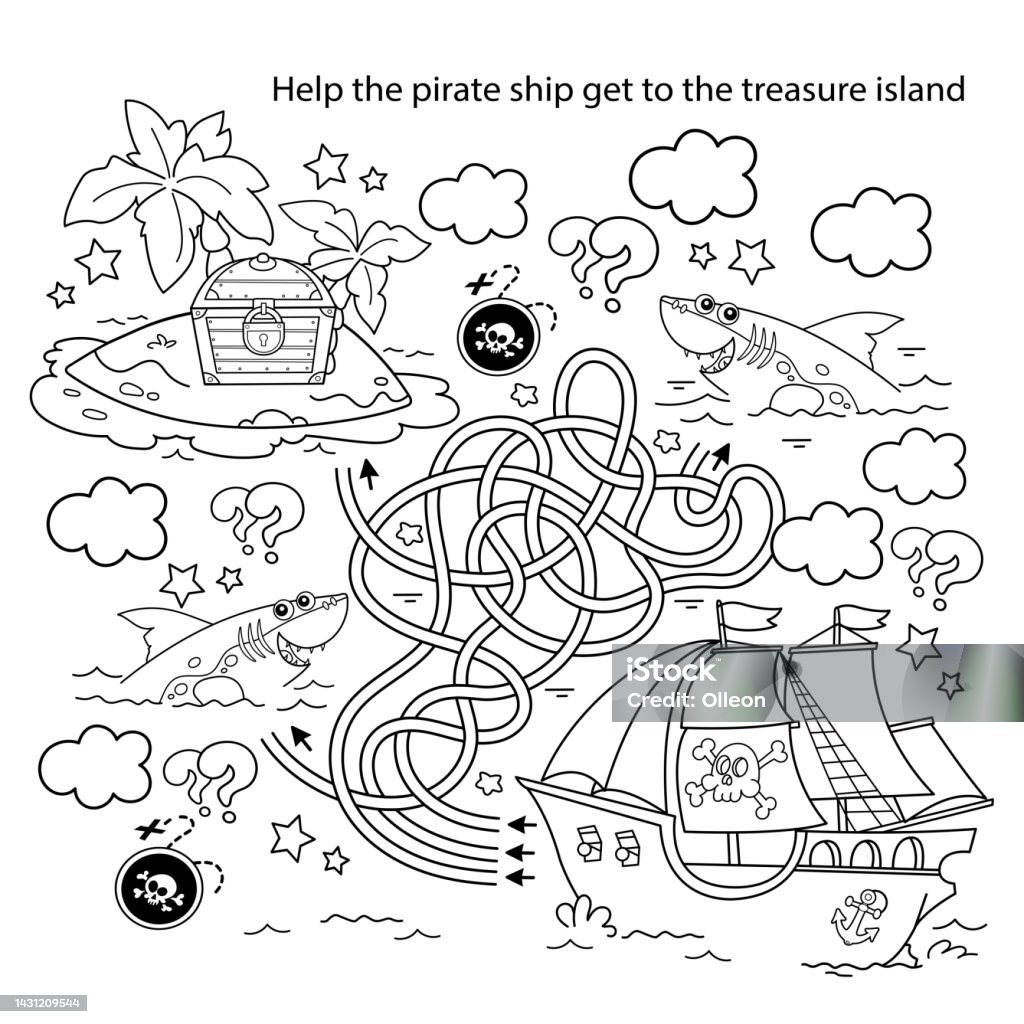 Maze or labyrinth game puzzle tangled road coloring page outline of cartoon pirate ship with treasure island coloring book for kids stock illustration