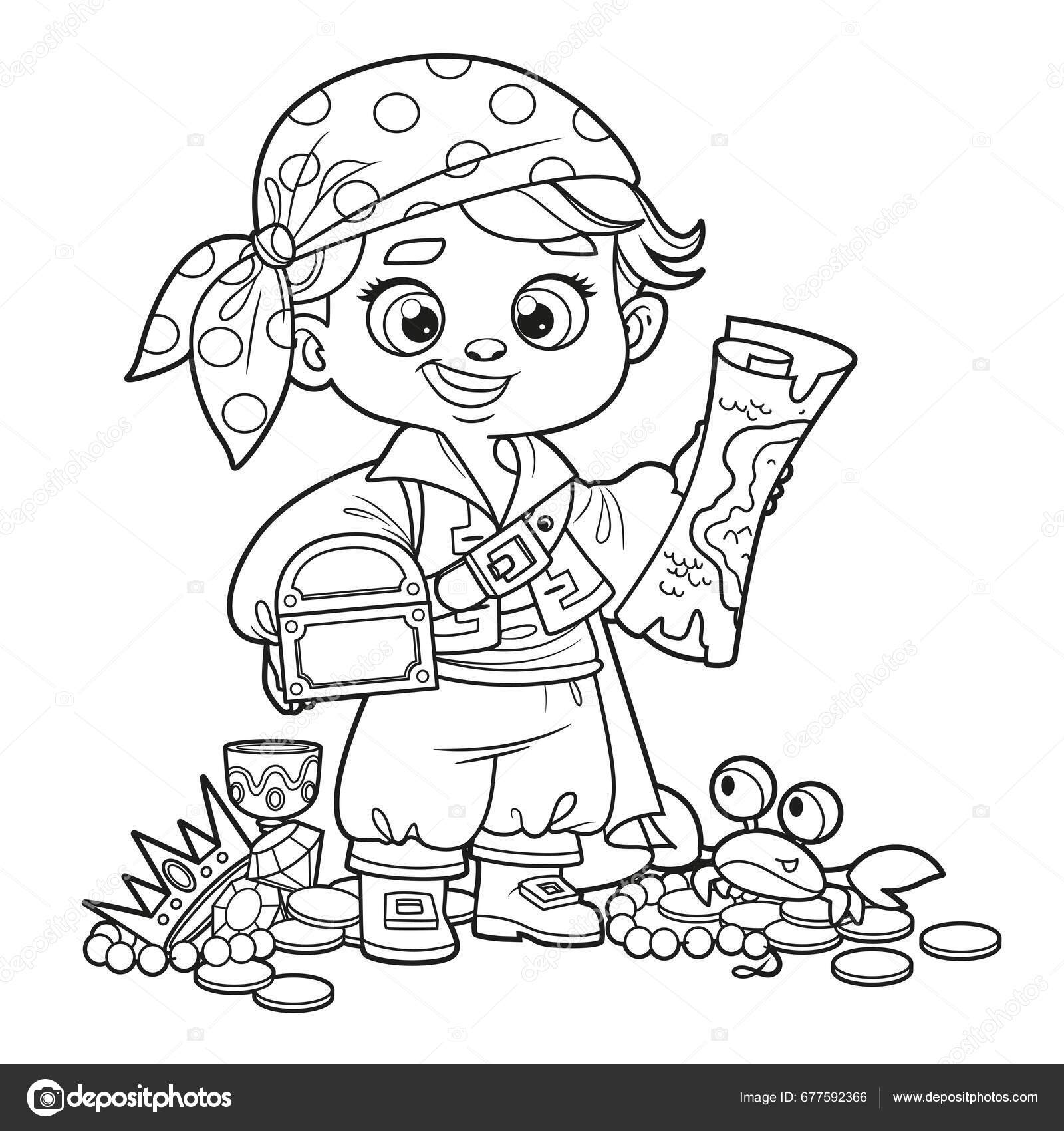 Cute cartoon pirate boy treasure map chest outlined coloring page stock vector by yadviga