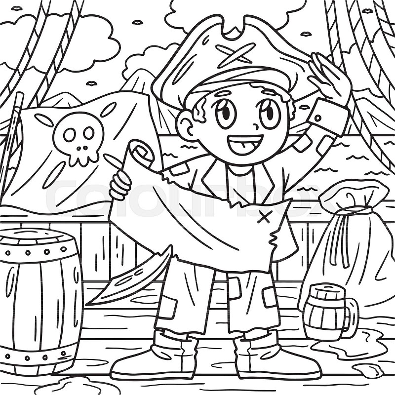 Pirate with treasure map coloring page for kids stock vector