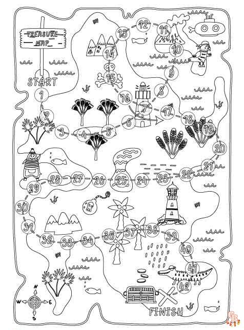 Fun and creative treasure map coloring pages for kids and adults alike