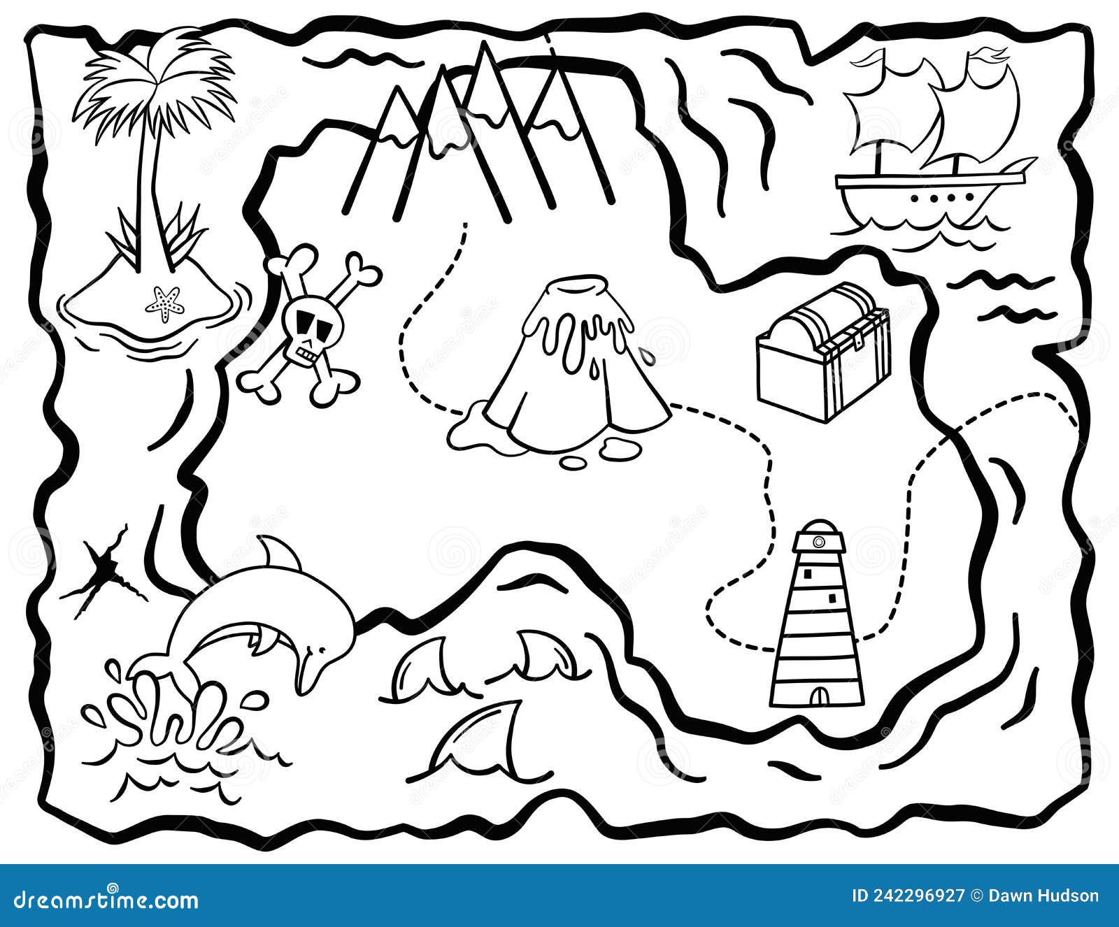 Kids treasure map activity coloring page stock vector