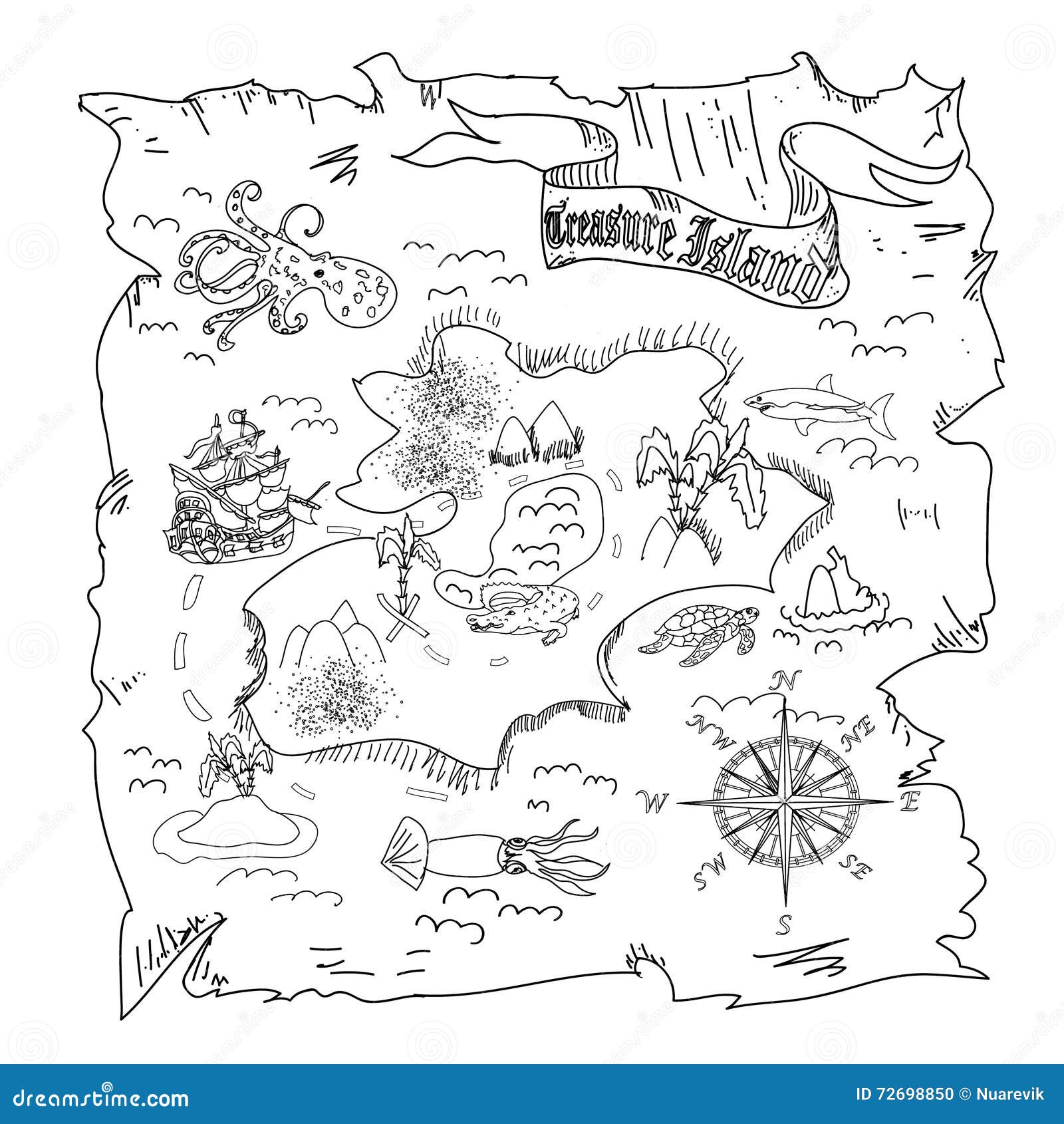 Treasure island map kids coloring page stock illustration