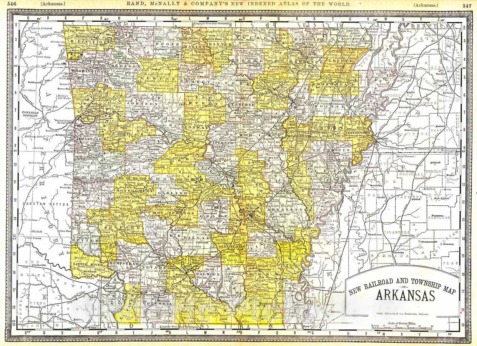Historic map new railroad and township map of arkansas vintag