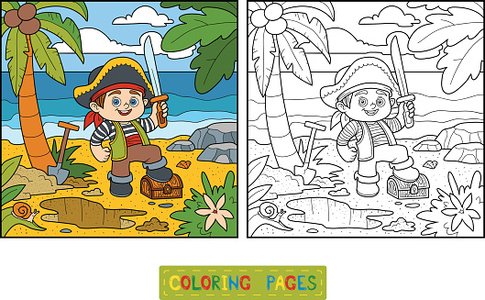 Coloring book pirate and treasure chest on a tropical island stock clipart royalty