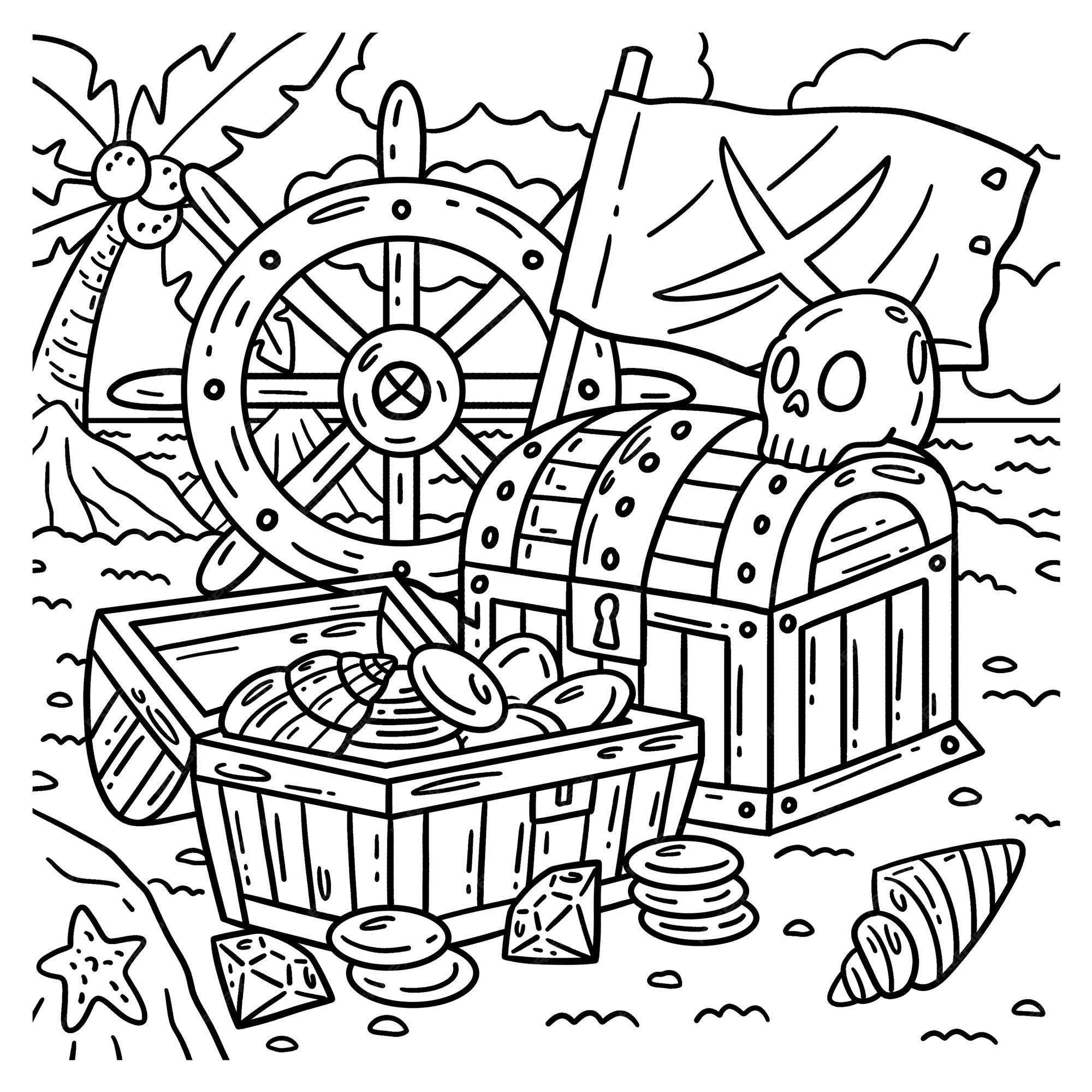 Premium vector a cute and funny coloring page of a pirate chests with an x flag provides hours of coloring fun for children color this page is very easy suitable for