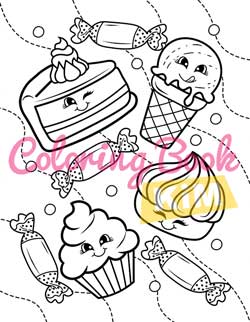 Kawaii sweet treats coloring book for kids with desserts and animals