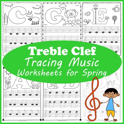 Treble clef tracing music notes worksheets for spring