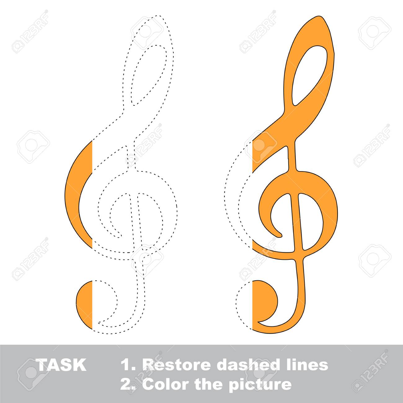 Orange treble clef dot to dot educational game for kids half tracing page royalty free svg cliparts vectors and stock illustration image