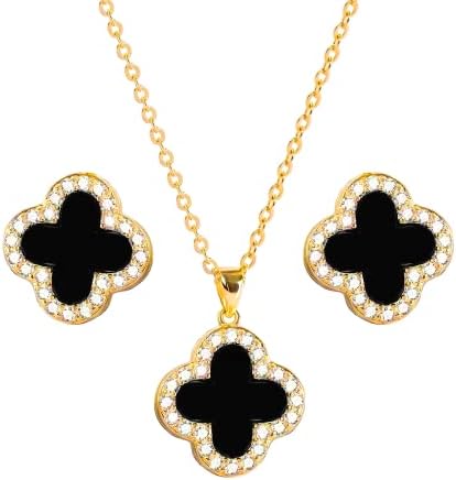 Four leaf black clover necklace earring set for women k gold plated stainless steel crystal pendant leaf lucky ear studs jewelry gift for mother and daughter gold set stainless steel cubic