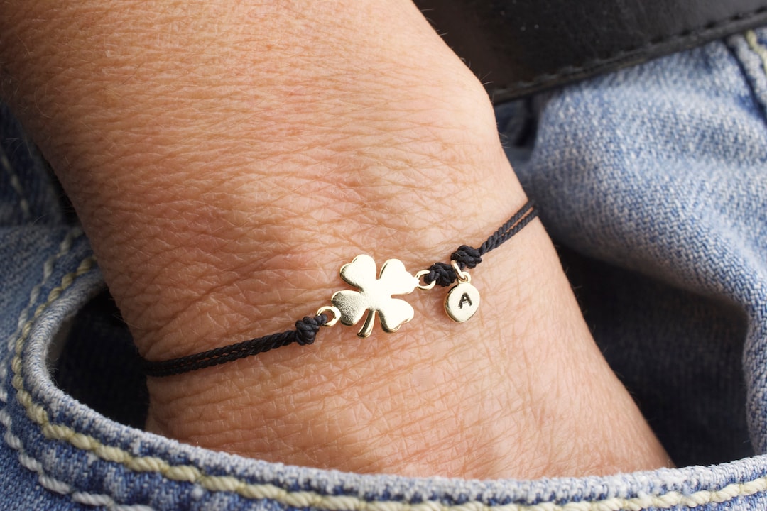 Lucky clover bracelet with initial leaf clover silk cord bracelet adjustable personalized st patricks day friendship