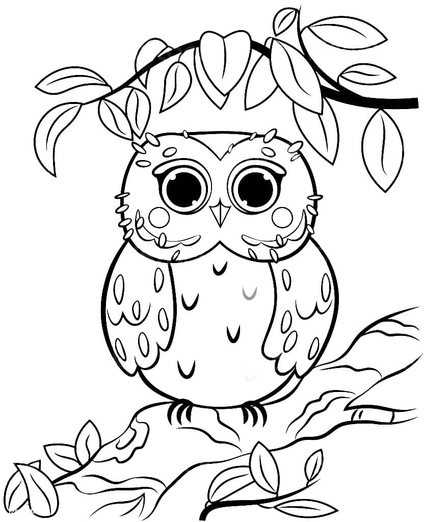 Cute owl on a tree branch coloring page