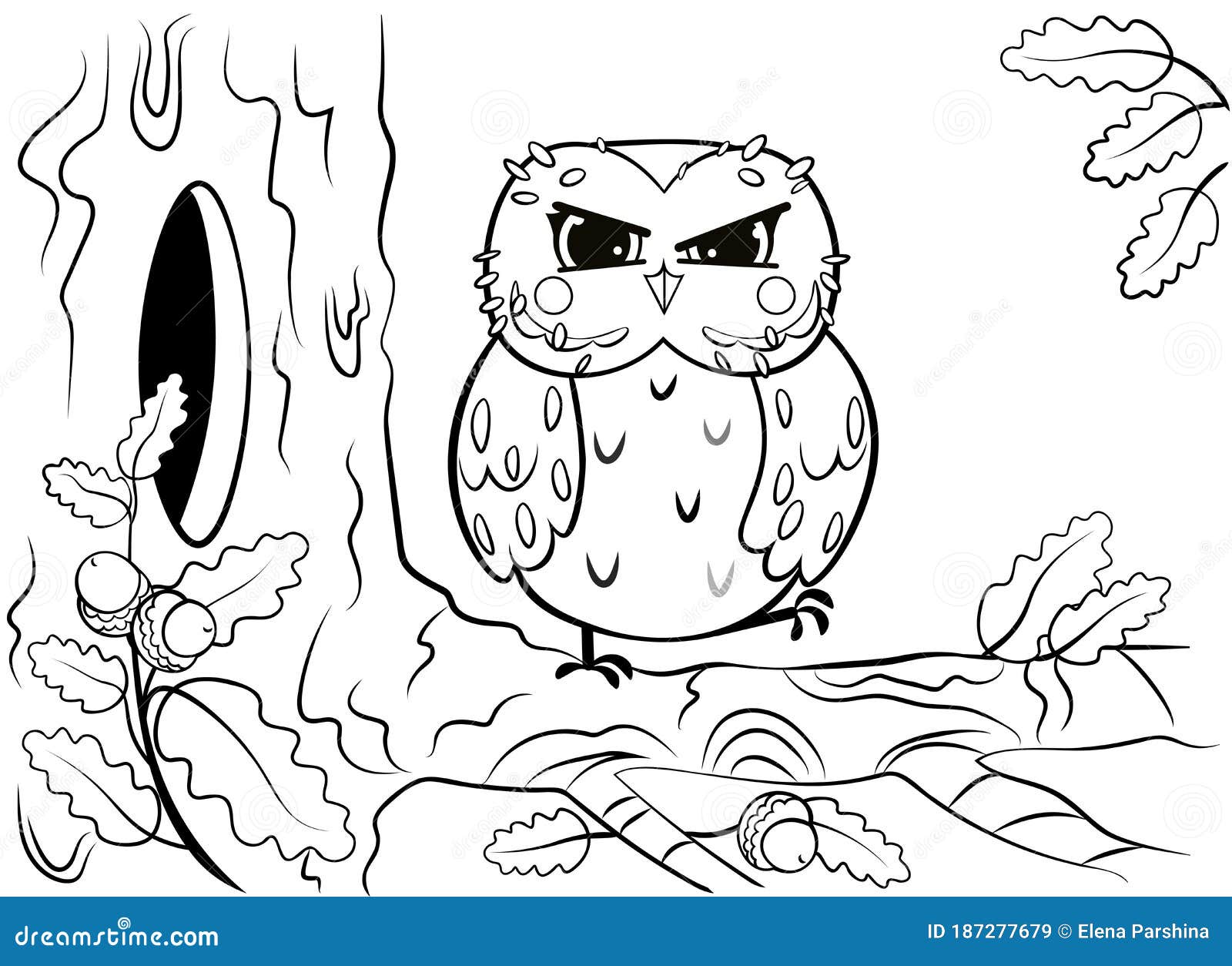 Printable coloring page outline of cute cartoon owl sitting on tree branch near the hollow vector image stock vector