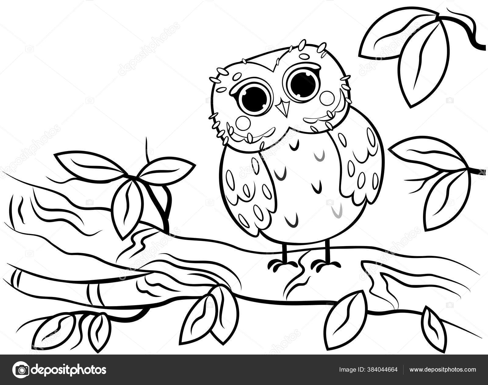 Printable coloring page outline cute cartoon owl sitting tree branch stock vector by elenaparshina